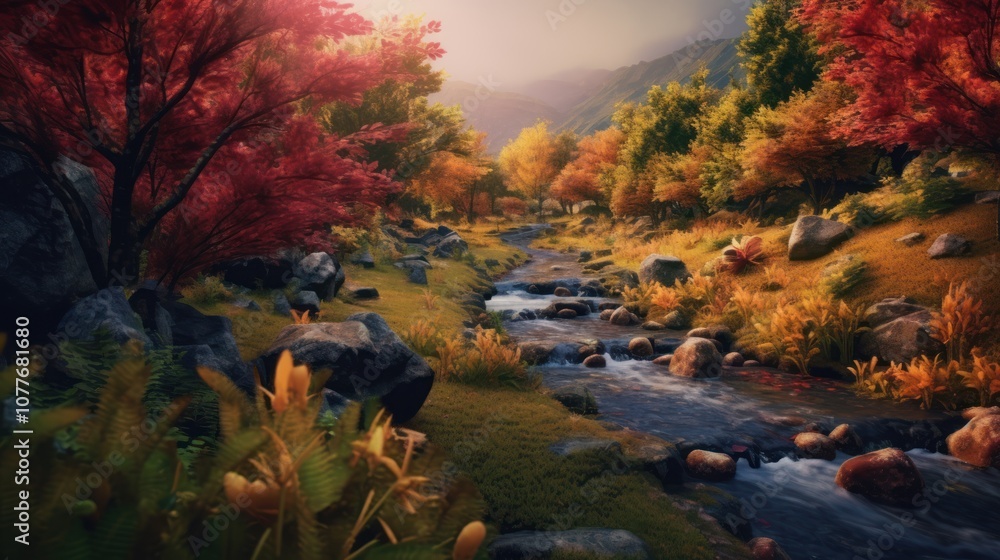Autumnal River Flowing Through Forest Autumnal River Flowing Through Forest