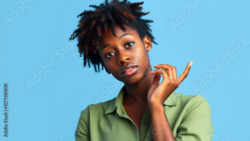 Young curious nosy woman of African American ethnicity 20s she wear green shirt try to hear you overhear listening intently isolated on plain blue background studio portrait. People lifestyle concept. photo