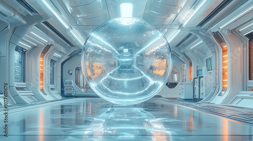 Giant water bubble floating in a futuristic lab, 3D illustration