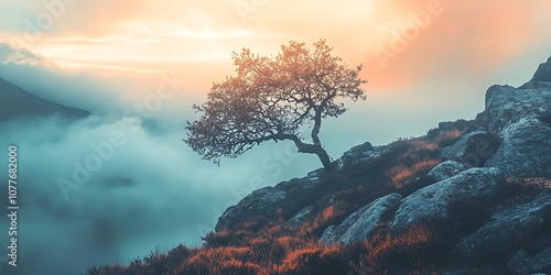 Solitary Tree on a Mountain Ridge with Fog and Sunrise photo