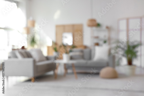 Blurred view of living room with grey sofas, folding screens and plants