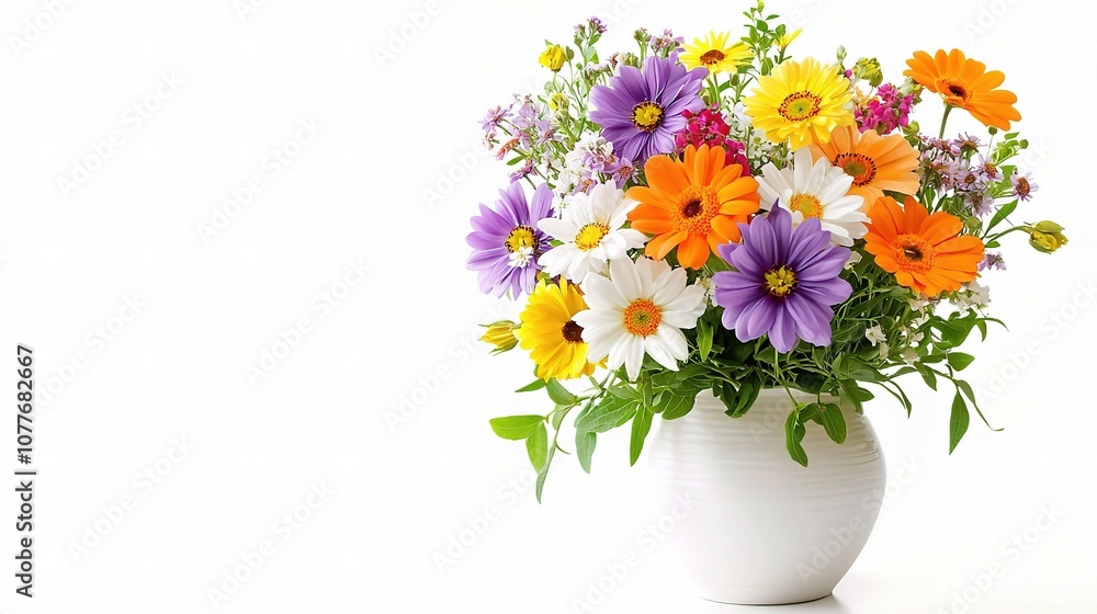Beautiful Arrangement of Colorful Flowers in a White Vase Set Against a Light Background, Perfect for Home Decor or Floral Artwork Displays Beautiful Arrangement of Colorful Flowers in a White Vase Set Against a Light Background, Perfect for Home Decor or Floral Artwork Displays
