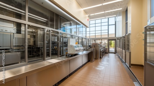 A modern commercial kitchen with stainless steel equipment and large windows for natural light.