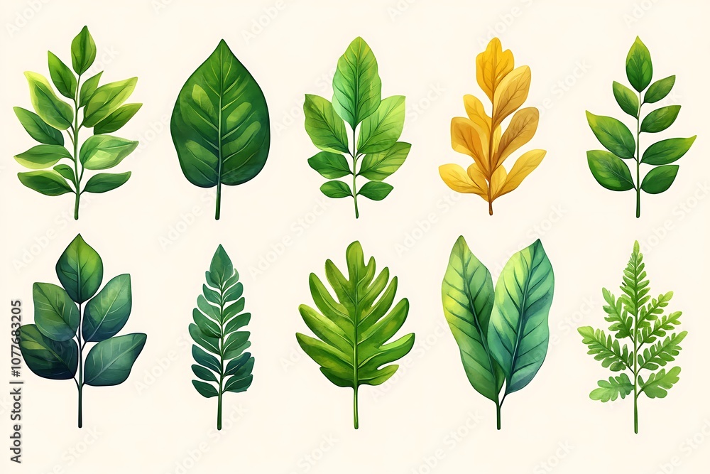 Set of tropical leaves and icon isolated on white background. Exotic tropical leaves Set of tropical leaves and icon isolated on white background. Exotic tropical leaves