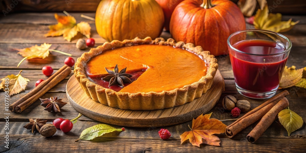 A rustic autumnal still life featuring a freshly baked pumpkin pie, a glass of juice, and autumnal decorations like cinnamon sticks, star anise, and red berries. A rustic autumnal still life featuring a freshly baked pumpkin pie, a glass of juice, and autumnal decorations like cinnamon sticks, star anise, and red berries.
