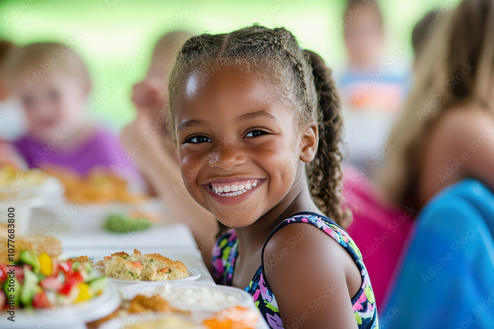 Children enjoy safe snacks at birthday party celebrating, food allergies awareness outdoors Children enjoy safe snacks at birthday party celebrating, food allergies awareness outdoors