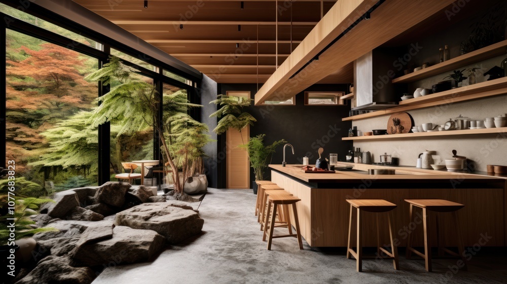 Modern Japanese Kitchen with Garden View Modern Japanese Kitchen with Garden View