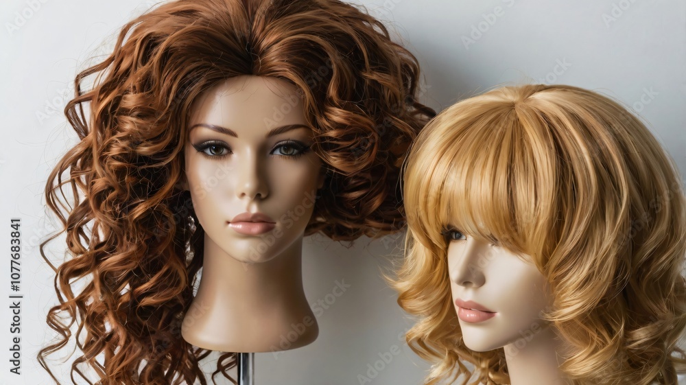 Two stylish mannequin heads showcasing different hairstyles in a well-lit display area during daytime Two stylish mannequin heads showcasing different hairstyles in a well-lit display area during daytime