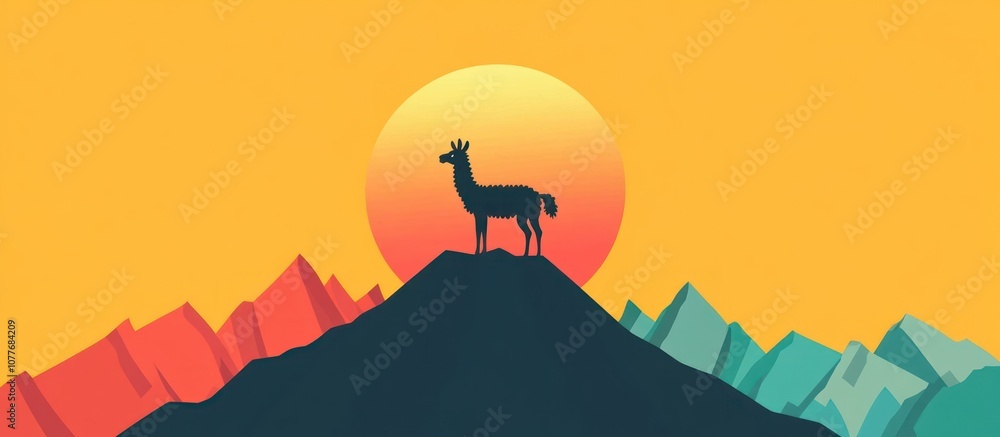Flat design vector of a llama standing on a mountain, bright colors, modern and fun Flat design vector of a llama standing on a mountain, bright colors, modern and fun