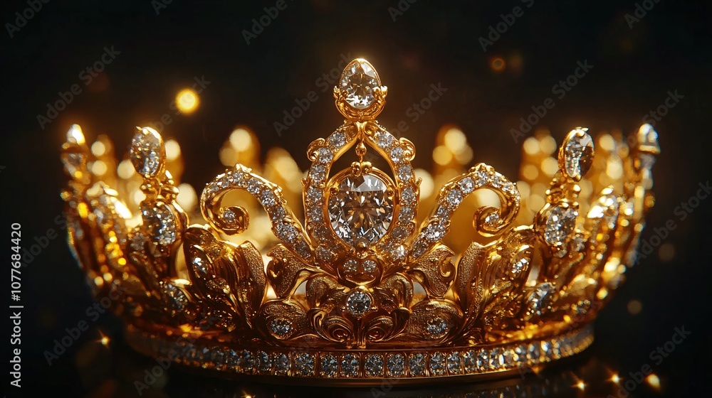 A golden crown with diamonds on a black background.
A golden crown with diamonds on a black background.