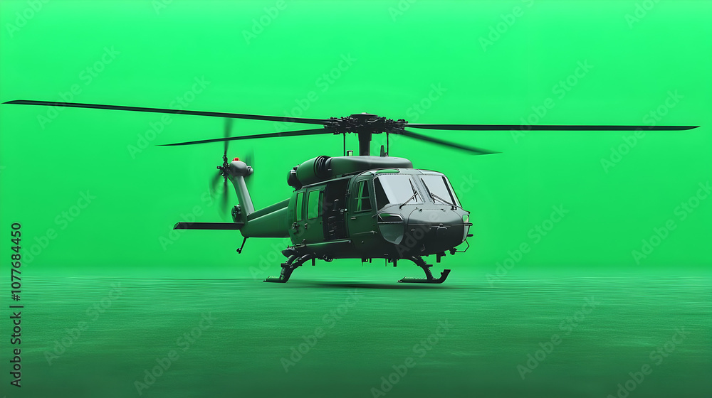 Fototapeta premium Black Military Helicopter on Green Screen Background 3D Illustration