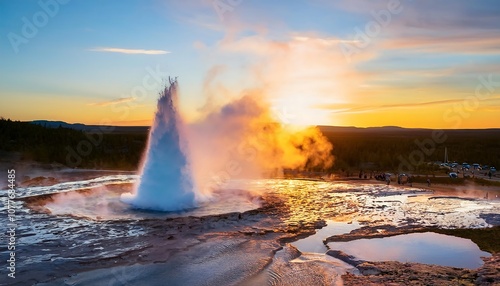 Geyser water pressure eruption, volcanic beautiful natural hot spring energy, outdoor therma photo