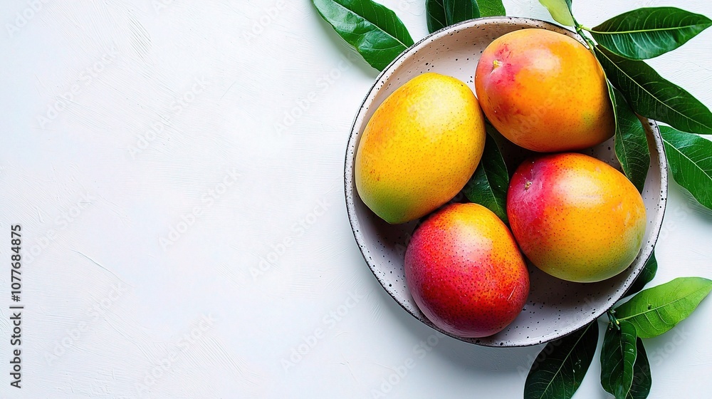 Fresh and Juicy Mangoes Isolated on White Background with Green Leaves in a Plate, Perfect for Summery Recipes and Tropical Themes Fresh and Juicy Mangoes Isolated on White Background with Green Leaves in a Plate, Perfect for Summery Recipes and Tropical Themes