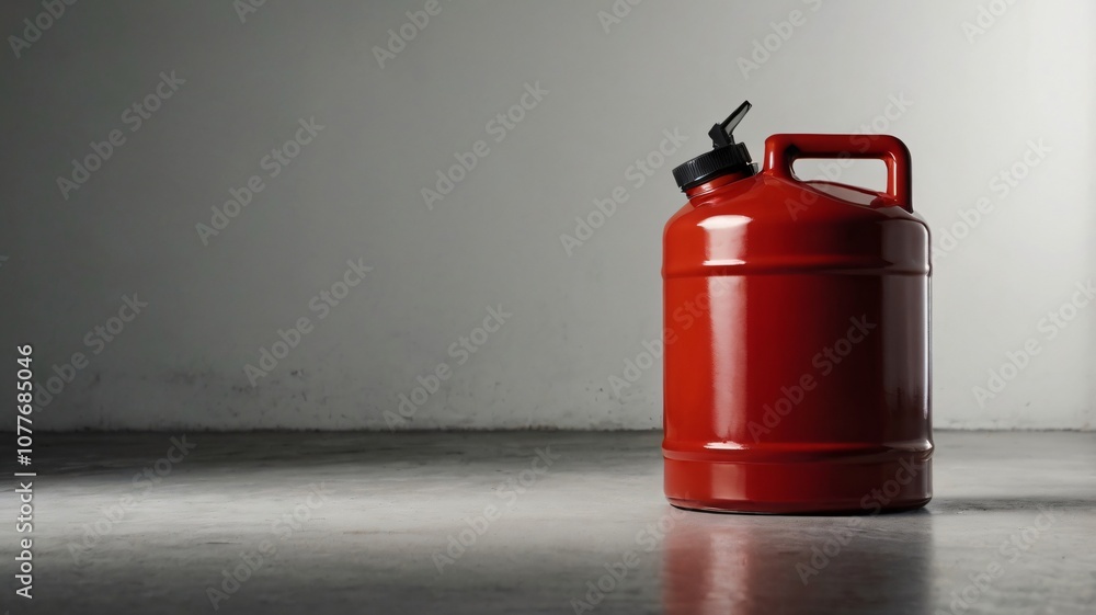 A red jerry can sits alone on a concrete floor in a dimly lit space, suggesting storage or potential use for fuel or liquids A red jerry can sits alone on a concrete floor in a dimly lit space, suggesting storage or potential use for fuel or liquids