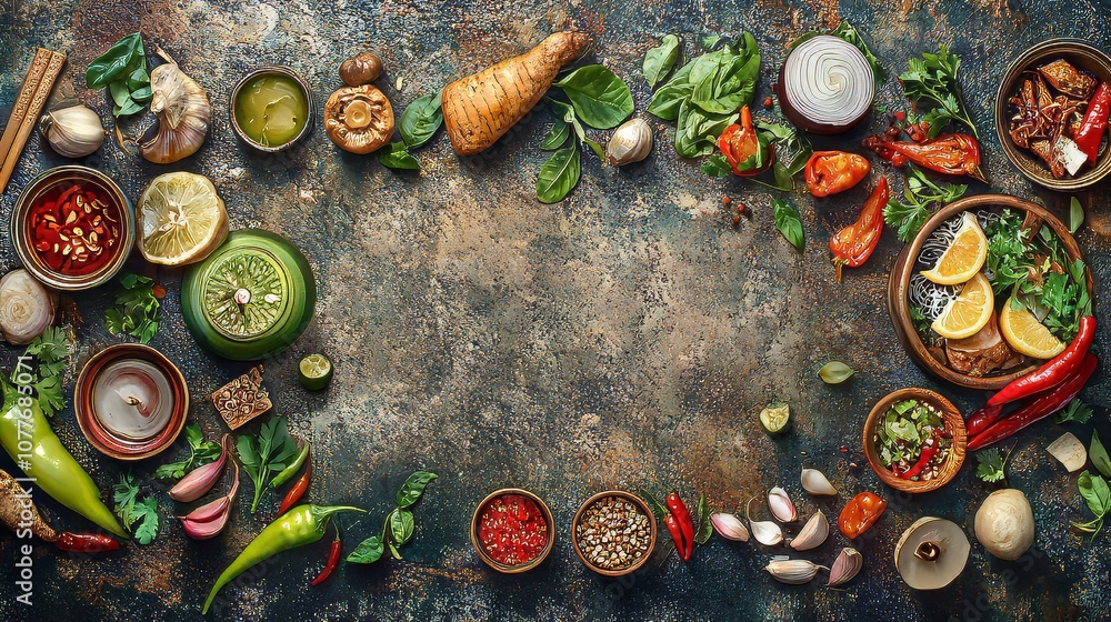 Asian Food Background with Various Ingredients on Rustic Stone Surface, Top View. Vietnamese, Thai, and Chinese Cuisine. Ultra-Realistic, Hypermaximalist, 8K Fine Detail Advertising Photography Asian Food Background with Various Ingredients on Rustic Stone Surface, Top View. Vietnamese, Thai, and Chinese Cuisine. Ultra-Realistic, Hypermaximalist, 8K Fine Detail Advertising Photography