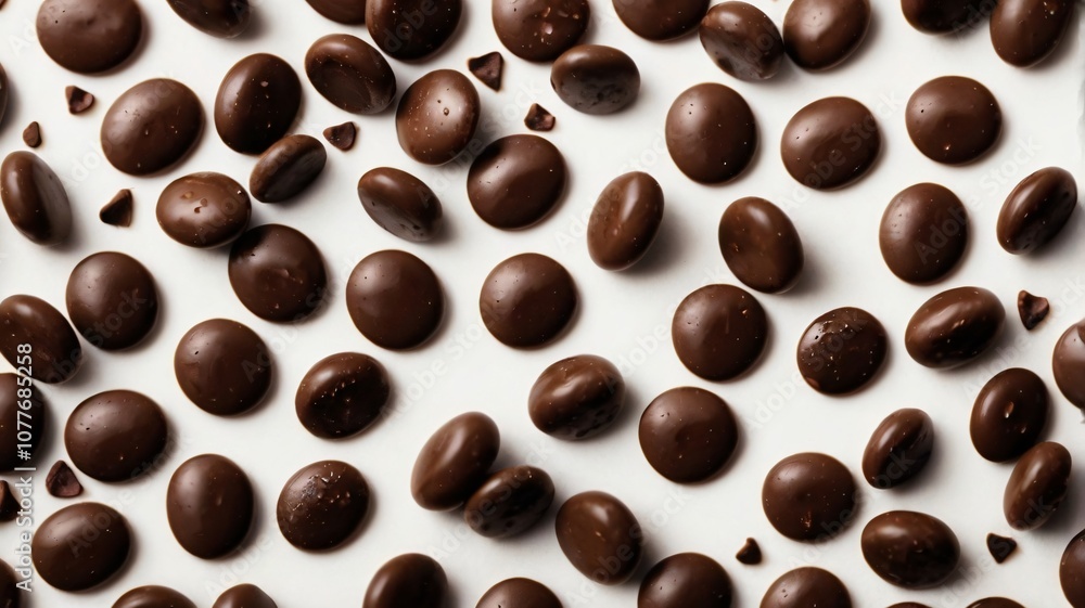 Obraz premium Dark chocolate candies scattered on a white surface create an enticing sweet display in a cozy setting