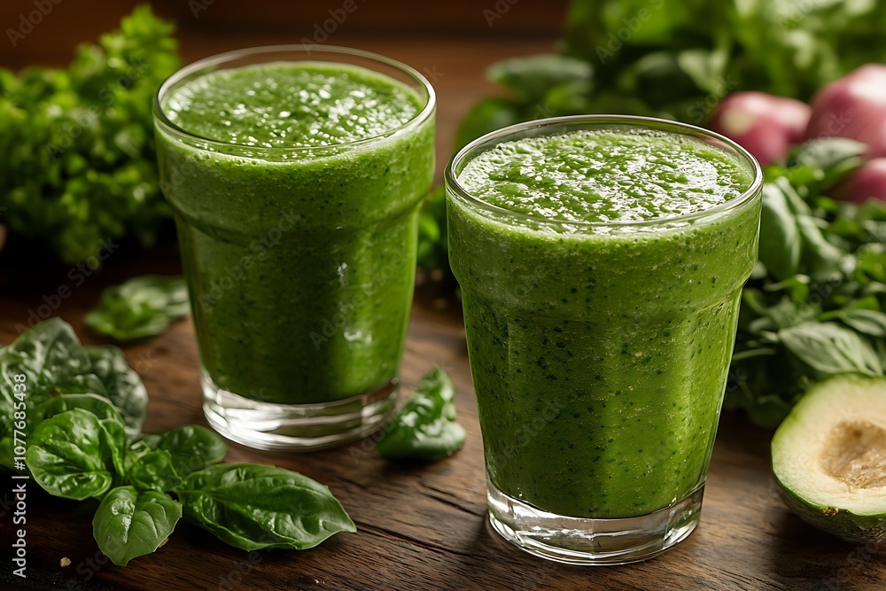 Glasses of green healthy juice with mint, closeup Glasses of green healthy juice with mint, closeup