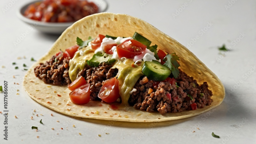 Delicious taco with seasoned ground beef, fresh tomatoes, avocado spread, and sour cream served on a soft tortilla Delicious taco with seasoned ground beef, fresh tomatoes, avocado spread, and sour cream served on a soft tortilla