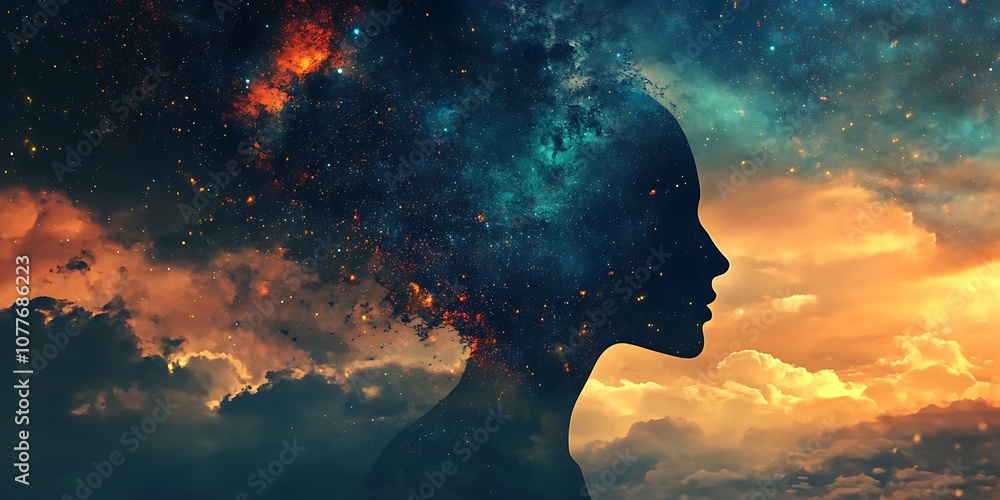 Silhouette of a woman's head with nebula galaxy inside and colorful clouds background, spiritual concept Silhouette of a woman's head with nebula galaxy inside and colorful clouds background, spiritual concept