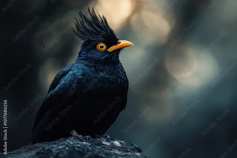 Obraz premium Majestic black bird with striking orange eyes and crest perched on rock, against blurred natural background.