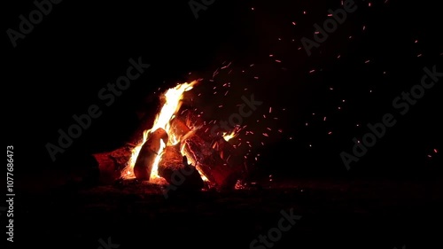 Night Bonfire Burns in the Dark Forest - Isolated on Black. Slow Motion. Flaming Campfire at Nighttime. Place for Bonfire. Fire Pit Outdoors, Wood on Fire, Flying Sparks and Smoke - Static Shot