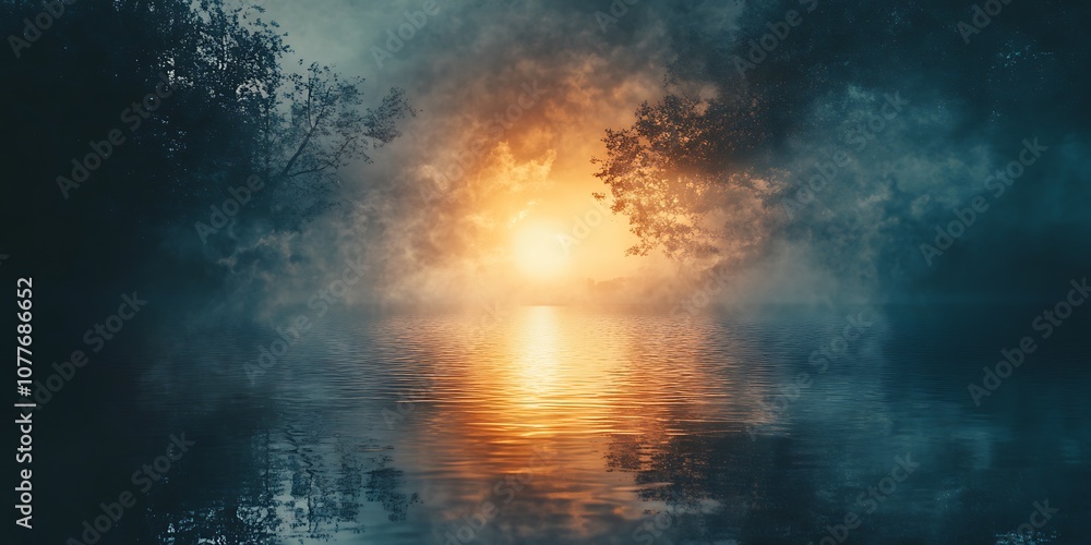 Mystical Sunset Through Foggy Trees, Nature Background Mystical Sunset Through Foggy Trees, Nature Background