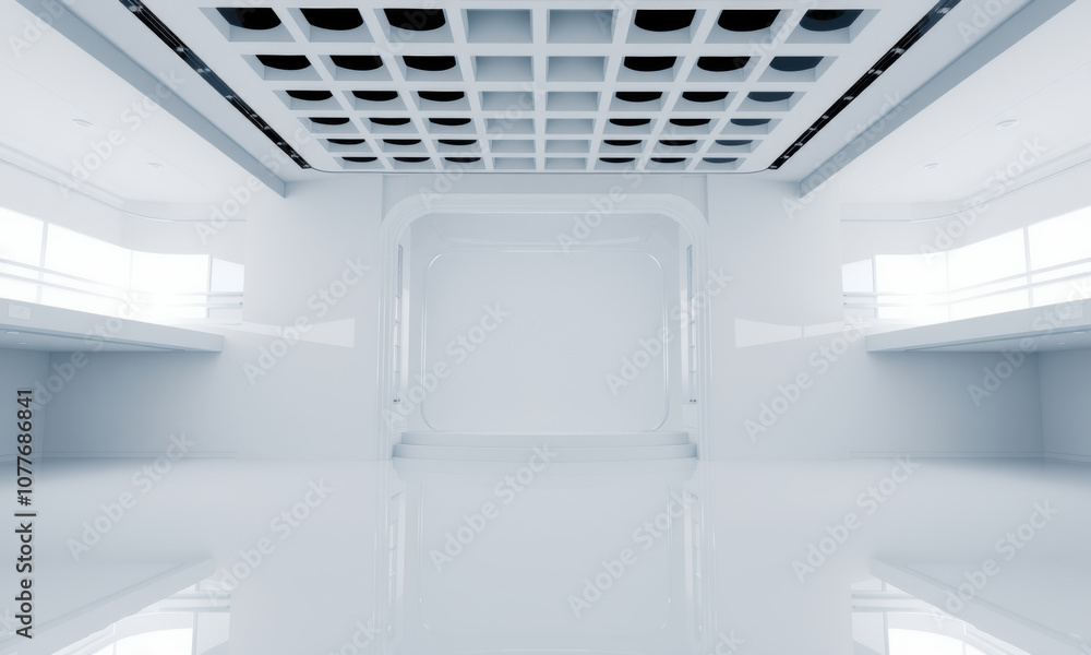 Obraz premium modern white architectural room featuring sleek lines and reflective surfaces, creating spacious and minimalist environment. Ideal for showcasing design and innovation