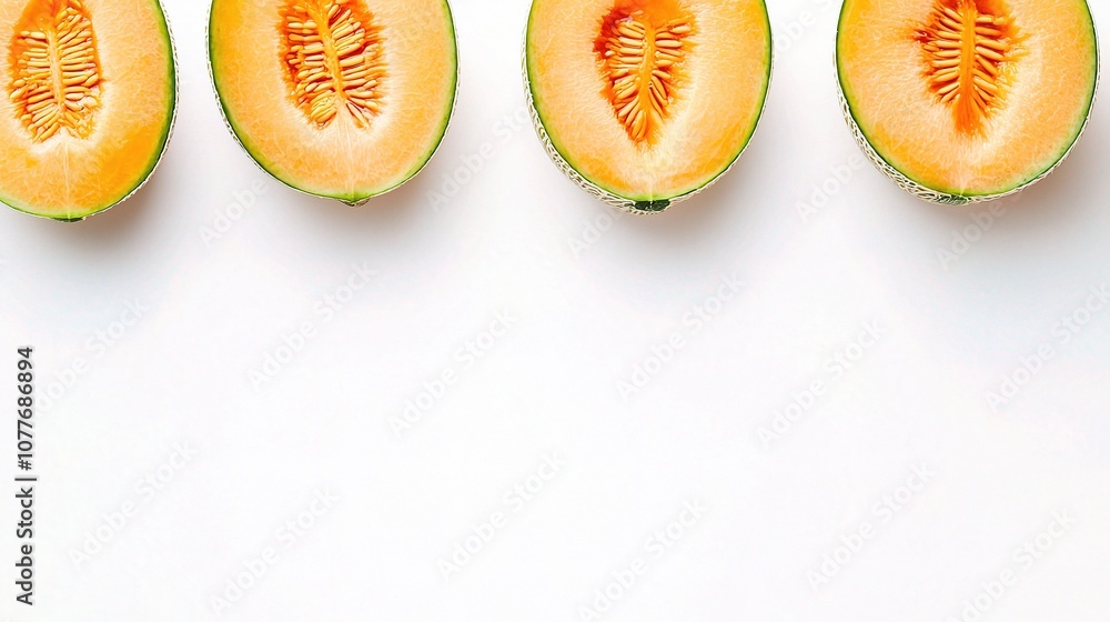 Freshly Cut Cantaloupe Melon Halves Isolated on a Clean White Background for Food Photography and Culinary Presentations Freshly Cut Cantaloupe Melon Halves Isolated on a Clean White Background for Food Photography and Culinary Presentations