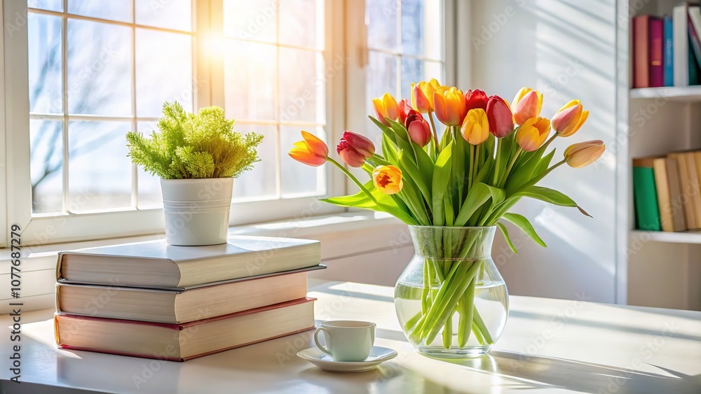 A minimalist tableau: white space, tulips, books, and light. A minimalist tableau: white space, tulips, books, and light.