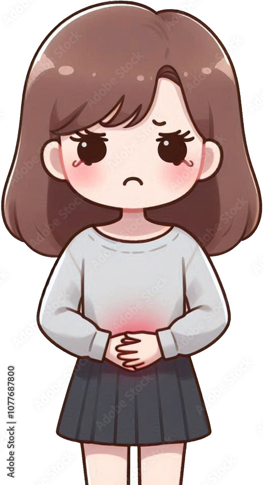 배가 아픈 여자아이 일러스트, 많이 아파보인다. 복통