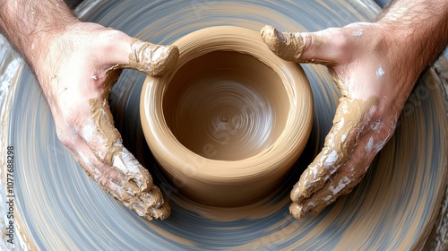 Close-up of hands molding clay on a spinning pottery wheel, capturing the artistic process and tactile craftsmanship. photo