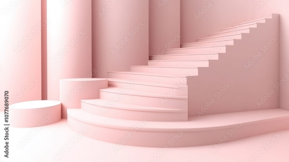 A minimalist pink staircase with circular and curved elements for a modern aesthetic. A minimalist pink staircase with circular and curved elements for a modern aesthetic.