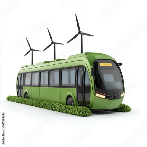 Green electric bus powered by wind turbines on a grass track. photo