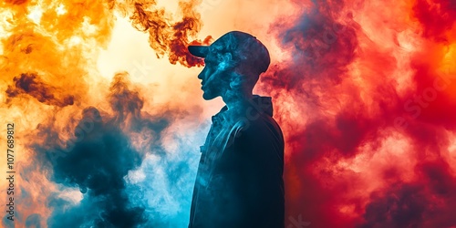 Silhouette of man with hat in colorful smoke background