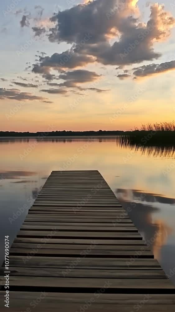 A wooden dock extends into a calm lake at sunset A wooden dock extends into a calm lake at sunset