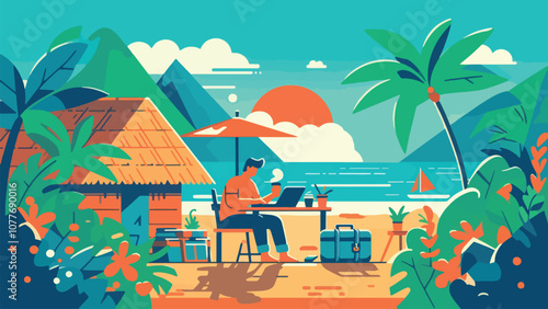 Fotografía A trendy vector illustration of a digital nomad working from a tropical location