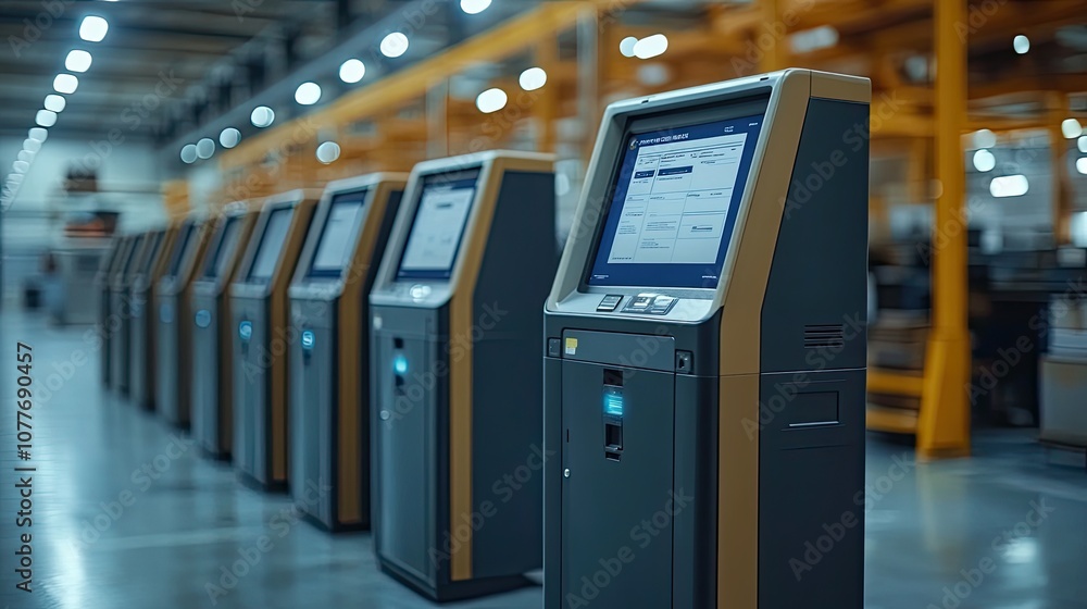 Row of Automated Kiosk Machines in Modern Industrial Facility Row of Automated Kiosk Machines in Modern Industrial Facility