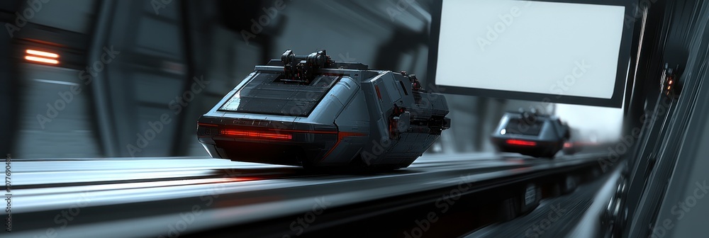 Fototapeta premium Futuristic vehicle with red lights moving on a futuristic track.
