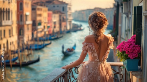 Woman in a Peach Dress Admires the Venetian Canal