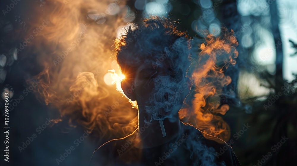 Mysterious Silhouette of a Man Smoking in the Golden Hour Mysterious Silhouette of a Man Smoking in the Golden Hour
