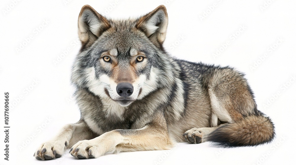 Isolated Gray Wolf on White Background Displaying Distinct Features, Captured in Gigapixel Standard Scale for High-Quality Stock Photography Use Isolated Gray Wolf on White Background Displaying Distinct Features, Captured in Gigapixel Standard Scale for High-Quality Stock Photography Use