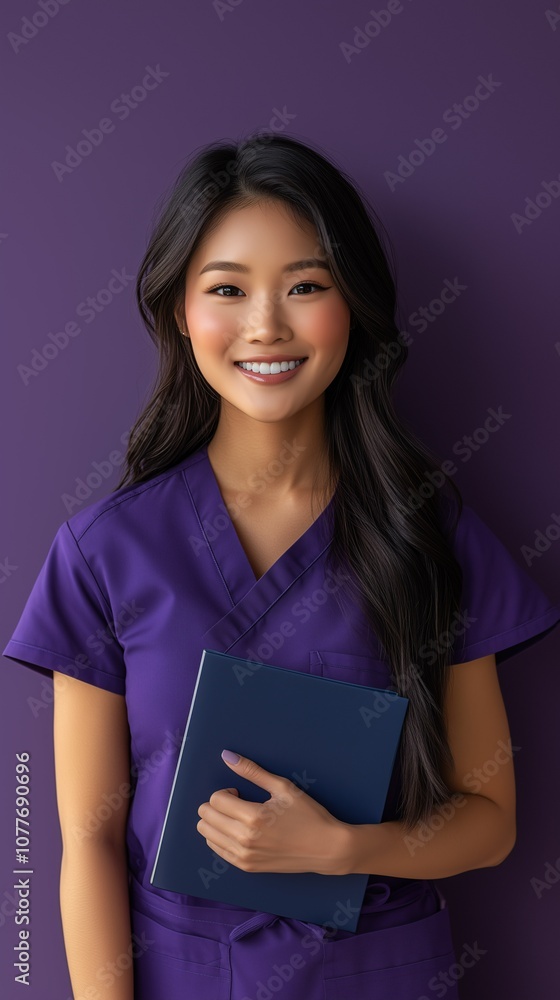 Professional Asian Nurse with Clipboard and Stethoscope in Purple Medical Coat, Smiling Confidently, Purple Background Professional Asian Nurse with Clipboard and Stethoscope in Purple Medical Coat, Smiling Confidently, Purple Background