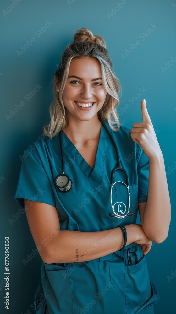 Beautiful Caucasian Nurse Smiling and Raising Her Index Finger, Solid Green Background Beautiful Caucasian Nurse Smiling and Raising Her Index Finger, Solid Green Background