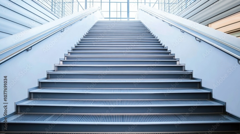Modern staircase with metal railing and white walls leading upwards. Modern staircase with metal railing and white walls leading upwards.