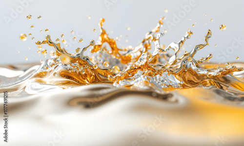 stunning splash of liquid gold and silver creates mesmerizing effect, showcasing beauty of fluid dynamics and light reflections