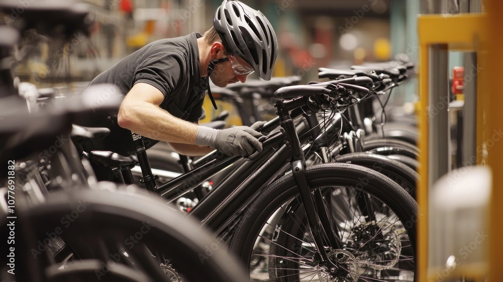 Obraz premium A Worker Assembling Black Bicycles In A Factory