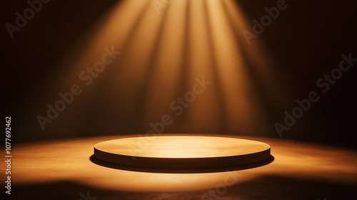 Empty round wooden podium illuminated by four spotlights in a dark room