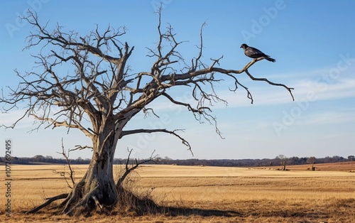 A solitary bird perched on a barren tree in an open landscape under a clear blue sky. photo