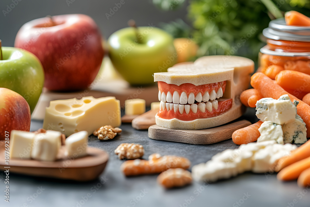 A playful arrangement of dental models, fruits, vegetables, and cheeses promoting healthy eating. A playful arrangement of dental models, fruits, vegetables, and cheeses promoting healthy eating.
