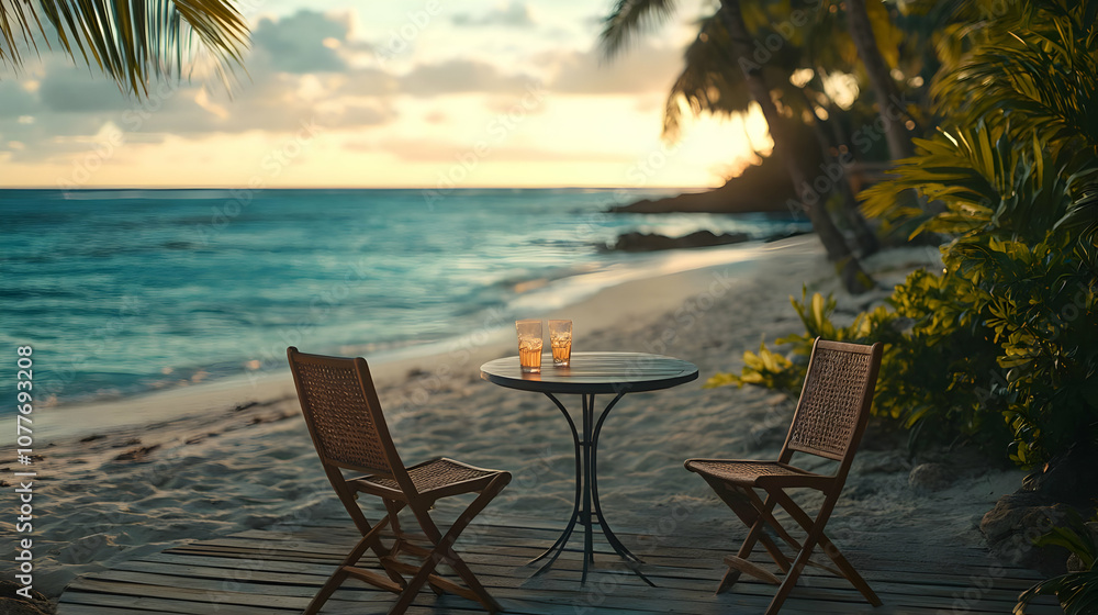 Fototapeta premium Beach Sunset Table and Chairs Photo